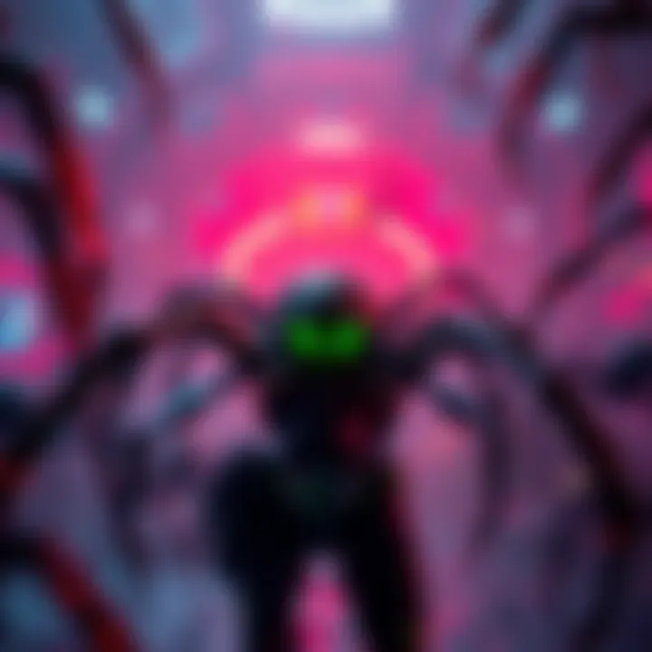 A video game character in a spider-filled environment with an arachnophobia mode setting, showcasing spider designs adapted for comfort.