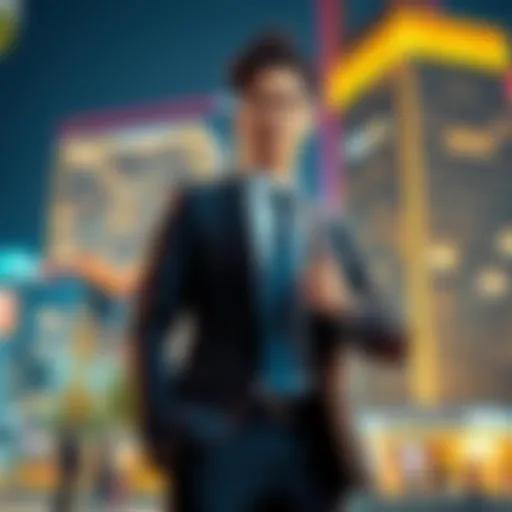 A corporate worker in a sleek suit stands confidently in front of the Arasaka building, showing off a luxurious lifestyle with high-tech gadgets and a city skyline in the background.