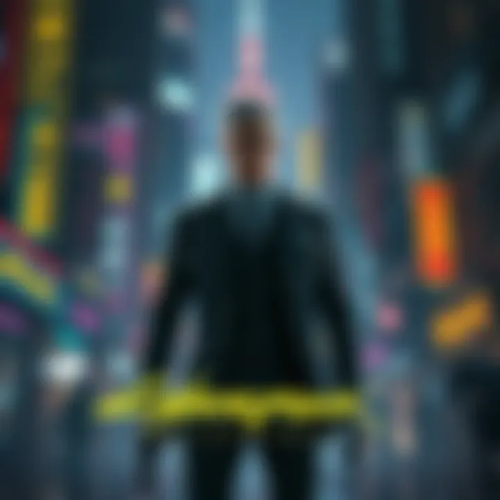 Arasaka Family in Cyberpunk 2077 A character in a sleek suit stands in a neon-lit city, representing the power and intrigue of the Arasaka family in Cyberpunk 2077.