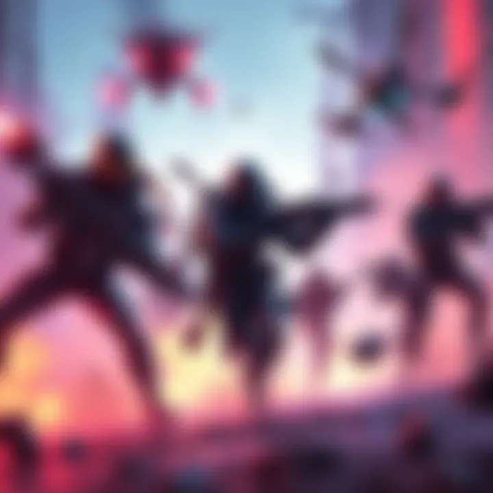 Gameplay scene featuring characters from Arc Raiders engaging in combat against enemies with futuristic weapons in a vibrant setting