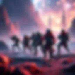 A group of players teaming up in a futuristic landscape in Arc Raiders, showcasing vibrant graphics and action-packed scenes.