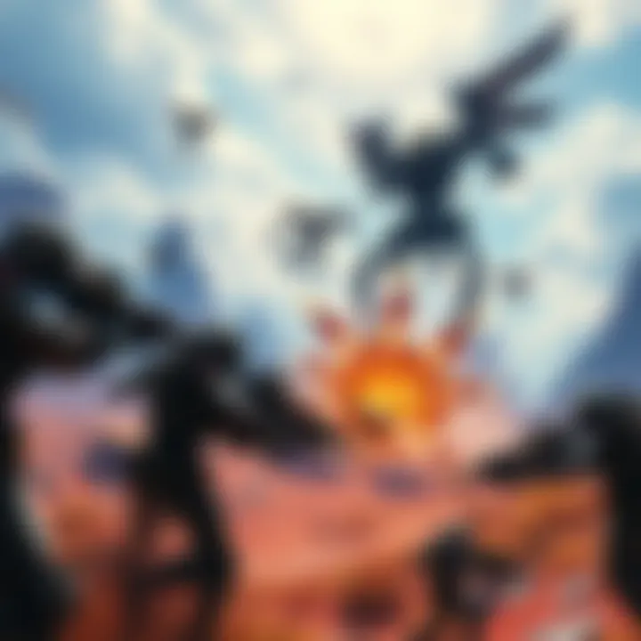 A dynamic scene from Arc Raiders showcasing combat between players and enemy robots in a vibrant landscape.
