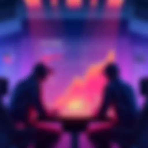 Graphic showing a team of developers discussing game updates with charts and community feedback in the background.