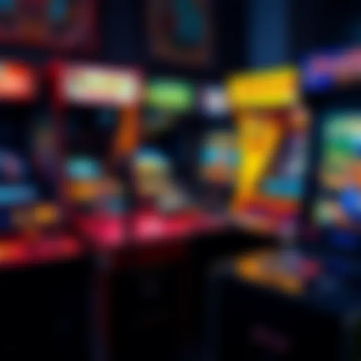 A row of classic and modern arcade machines displaying various game titles and vibrant graphics