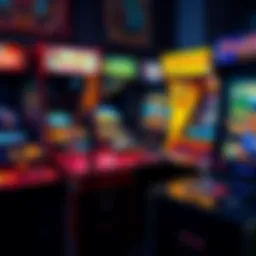 Colorful arcade machines in a row A row of classic and modern arcade machines displaying various game titles and vibrant graphics