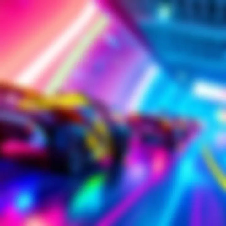 A thrilling arcade racing game moment with colorful cars speeding on a vibrant track.