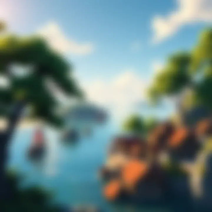 A scenic view of a coastal town with lush trees and a calm ocean, featuring small shops and houses mimicking the charm of Arcadia Bay.