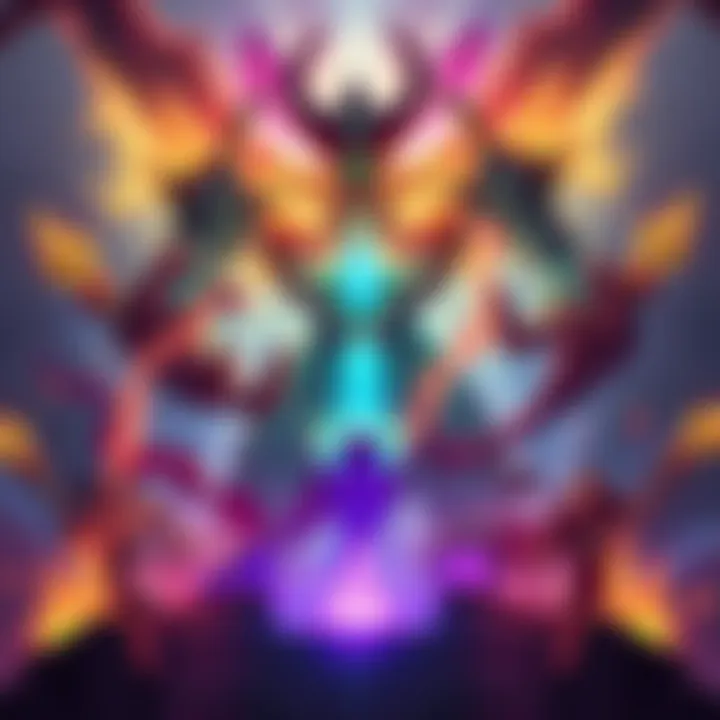 A powerful card known as Arcane Behemoth, radiating energy in a dynamic game setting, surrounded by symbols of victory and defeat.