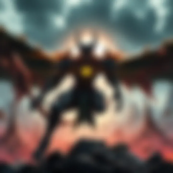 A digital artwork featuring Arch Tempered Rey Dau in an action pose, highlighting its imposing presence and fierce design, with a backdrop of a fantasy landscape