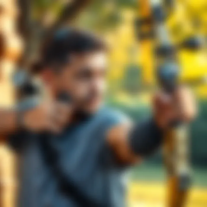 Archer practicing fitness techniques A focused archer performing fitness exercises outdoors, enhancing strength and flexibility.