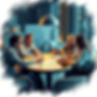 A group of architects passionately debating design principles at a round table, with sketches and blueprints spread out, showcasing different architectural styles.
