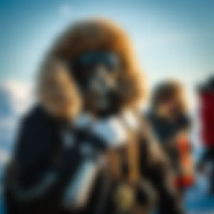 Arctic Survival Suit with Fur Coat A person wearing an Arctic Survival Suit featuring a fur coat with metal and leather details, showcasing its unique style in a snowy landscape.