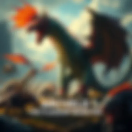 Arcveld, a large and powerful dragon-like creature, stands prominently in a fantastical landscape, showcasing its unique features and design, surrounded by other monsters for comparison.