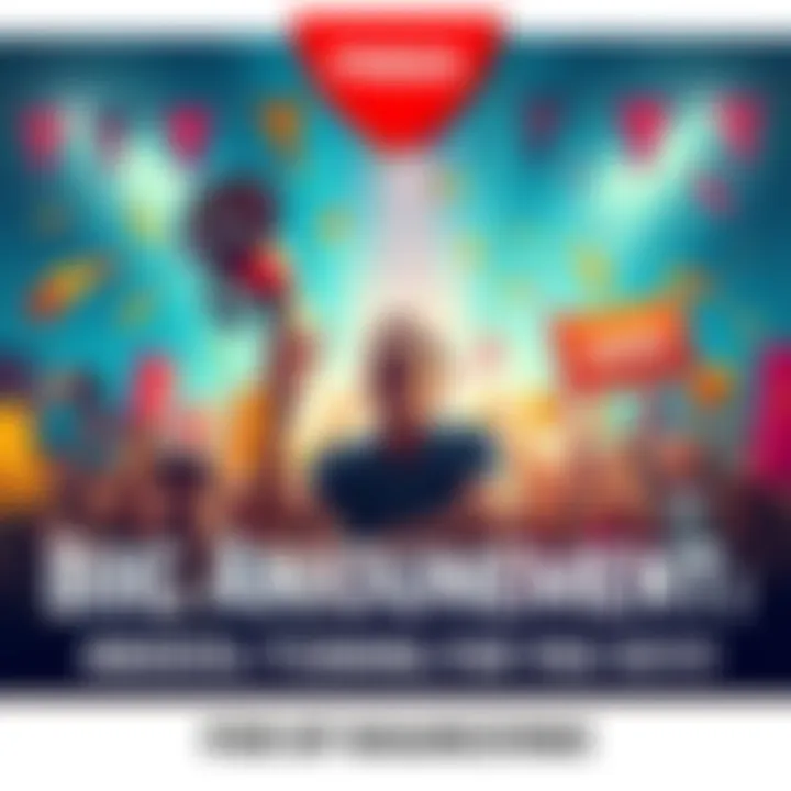 Areeesss holding a megaphone, surrounded by excited fans and colorful banners announcing big plans.