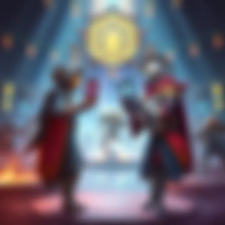 A player faces off against an imbue priest using Protoss cards in a vibrant gaming arena setting