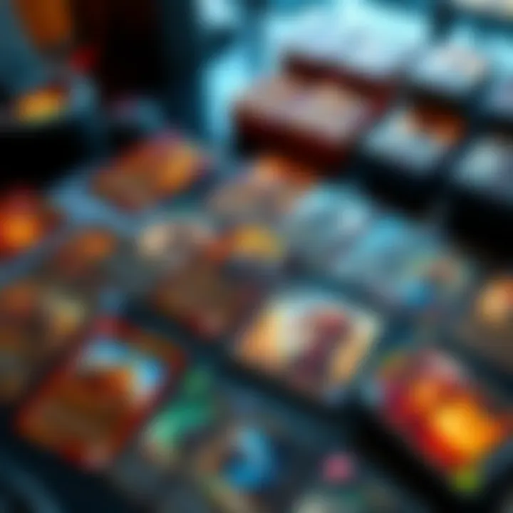 Cards from a game displayed on a table A collection of colorful game cards laid out on a table, showing various designs and illustrations related to arena gameplay.