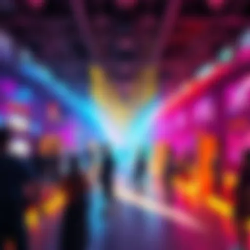 A vibrant arena scene showing people enjoying gameplay with various room setups and features.