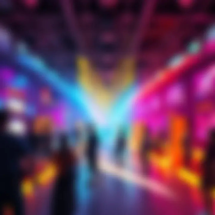 A vibrant arena scene showing people enjoying gameplay with various room setups and features.