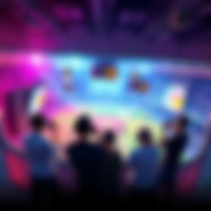 Gamers engaged in a 3v3 match inside a colorful arena, showcasing teamwork and competitive play.