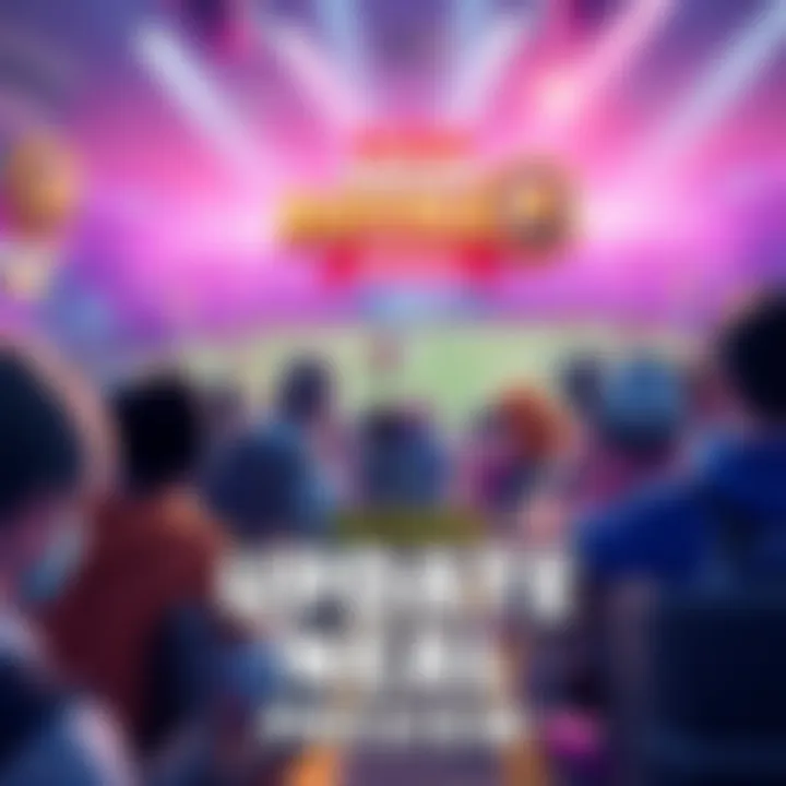 A vibrant gaming scene showcasing players excitedly waiting for the Arena Royale update with new features, featuring colorful graphics and action-packed elements.