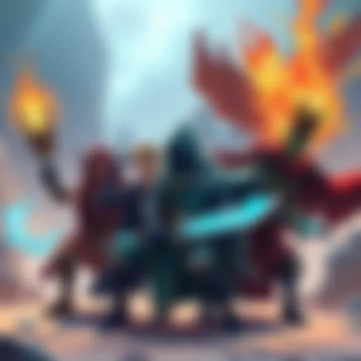 Arena Style Squad Setup A colorful illustration showing a creative squad of level 4 characters preparing for an arena battle, highlighting the Chaos Triplets and unique pairings of sorcerers and monks.