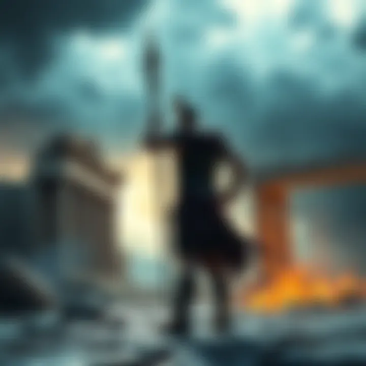 Ares stands boldly in Athens, facing Zeus, with a backdrop of ancient ruins and a stormy sky, showing tension between the two gods.