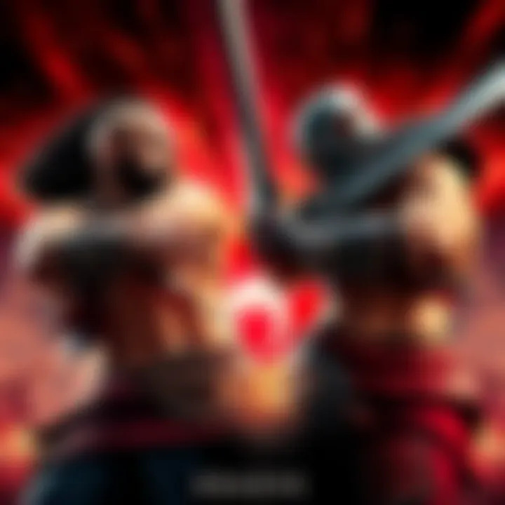 A fierce battle scene between Ares and Kratos, showcasing their rivalry with weapons drawn and intense expressions.