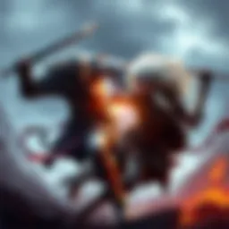 Ares and Sigrun engaging in a fierce battle, showcasing their unique abilities and combat styles