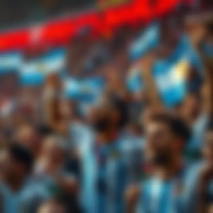 A crowd of Argentina soccer fans erupting in celebration, with some holding flags and showing mixed emotions in the background, while iShowSpeed is seen reacting to the incident, expressing disappoint...