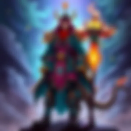 Character Arisen stands proudly wearing a vibrant and unique transmog outfit alongside the sorcerer pawn Varania, who has a matching enchanting look.