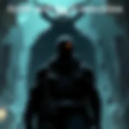 Arish stands in a shadowy environment, with a dark presence symbolizing the Hiss looming behind him, showcasing his struggle with obsession.