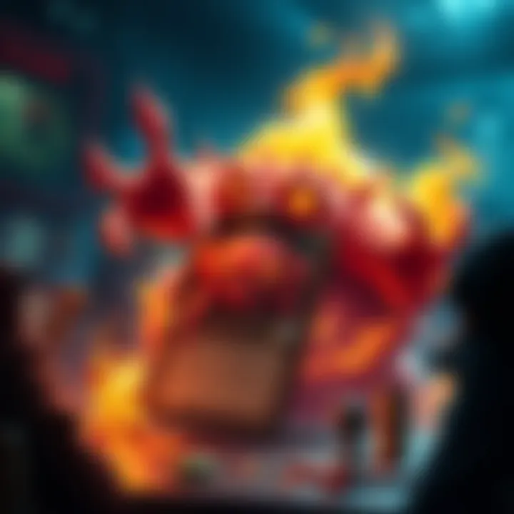 A card game scene showing an Arishem deck featuring the Blob card prominently, illustrating player frustration during a match.