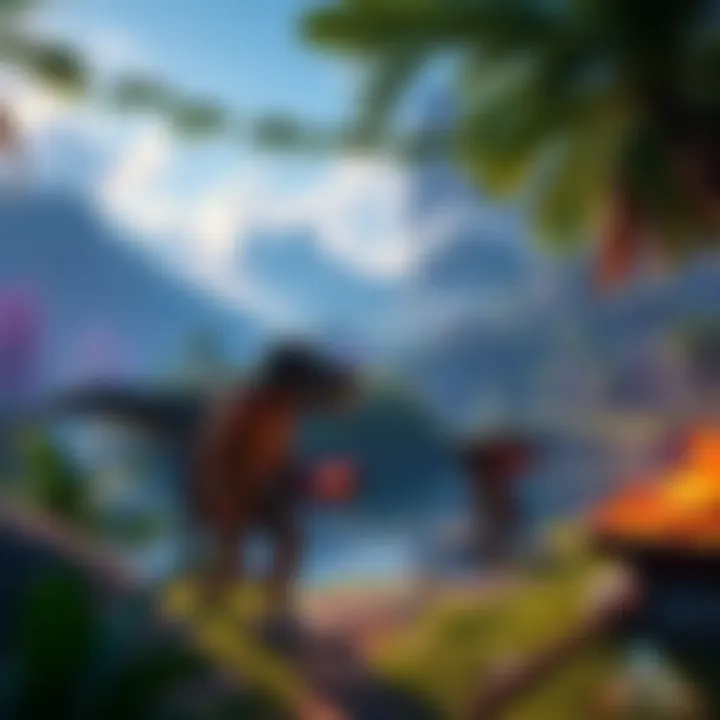 A vibrant scene from ARK: Survival Ascended showcasing players exploring a lush environment with dinosaurs and crafting tools.