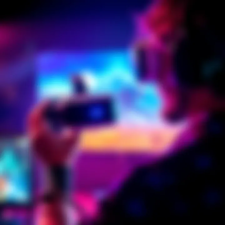 A gamer holds a PS VR headset, looking at two game covers for Arken Age and Skydance Behemoth, pondering his choice.