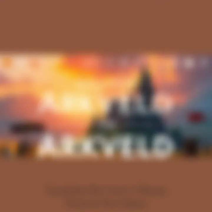 A scenic view of Arkveld's landscape with key themes represented by symbols, featuring a castle and a vibrant sky.