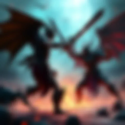 A fierce battle between Arch Tempered Arkveld and the Scorned Magnamalo in a dynamic arena, showcasing intense action and strategy.