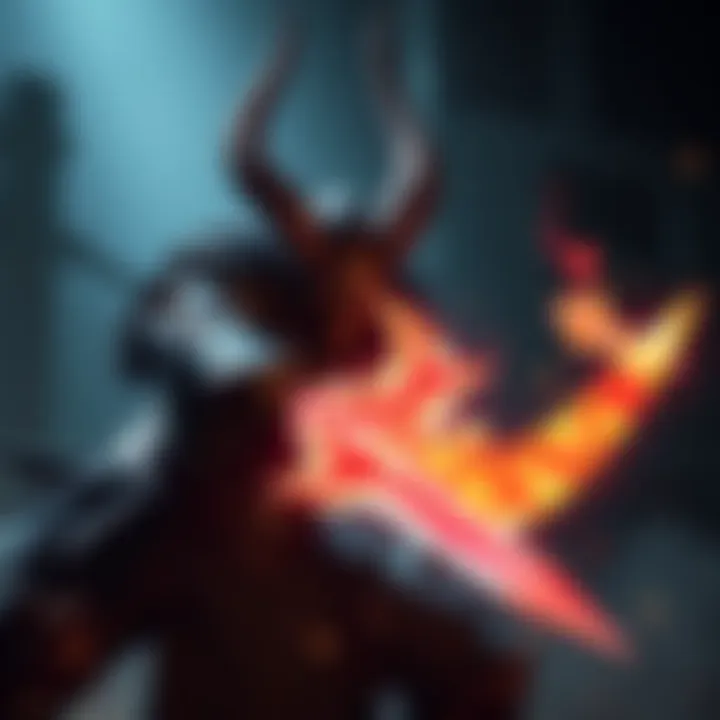 A dramatic scene of Arlecchino, a powerful souls boss, wielding his weapon with an intense expression during a battle, showcasing his unique phase transition attack in a dark, atmospheric arena.