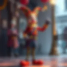 Arlecchino standing confidently Arlecchino in vibrant costume, showing his unique personality in the game