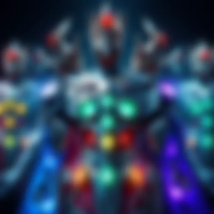 A visual display of various armor decorations with glowing effects indicating different affinities, showing how they enhance gameplay.