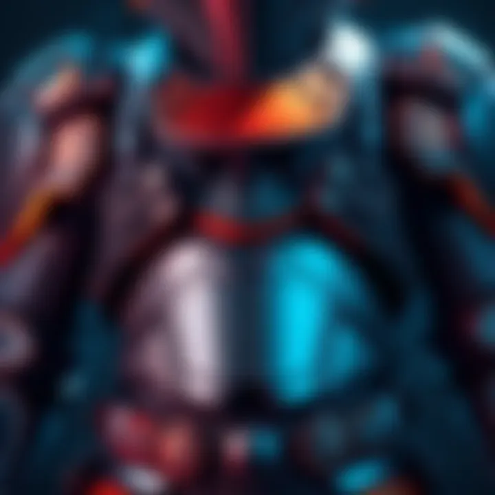 A close-up view of armor gear featuring matching helmet, chest, and pants with dark lines creating a cohesive look.
