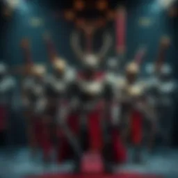 A collection of diverse armor sets displayed with various weapons, showcasing strategic gear options for battles.