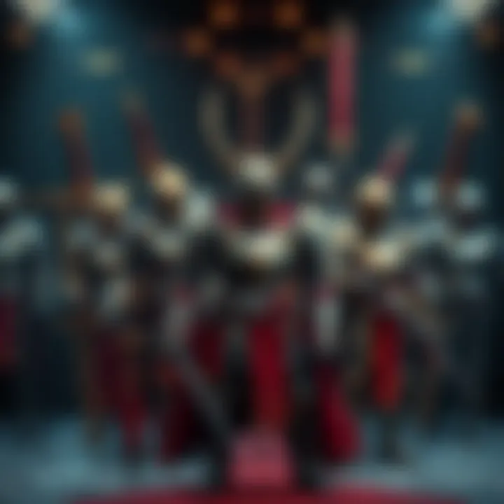 A collection of diverse armor sets displayed with various weapons, showcasing strategic gear options for battles.