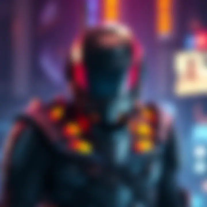 Armor obstructing game view A player character with bulky shoulder armor blocking the view of the game screen, highlighting visibility issues in gameplay settings.