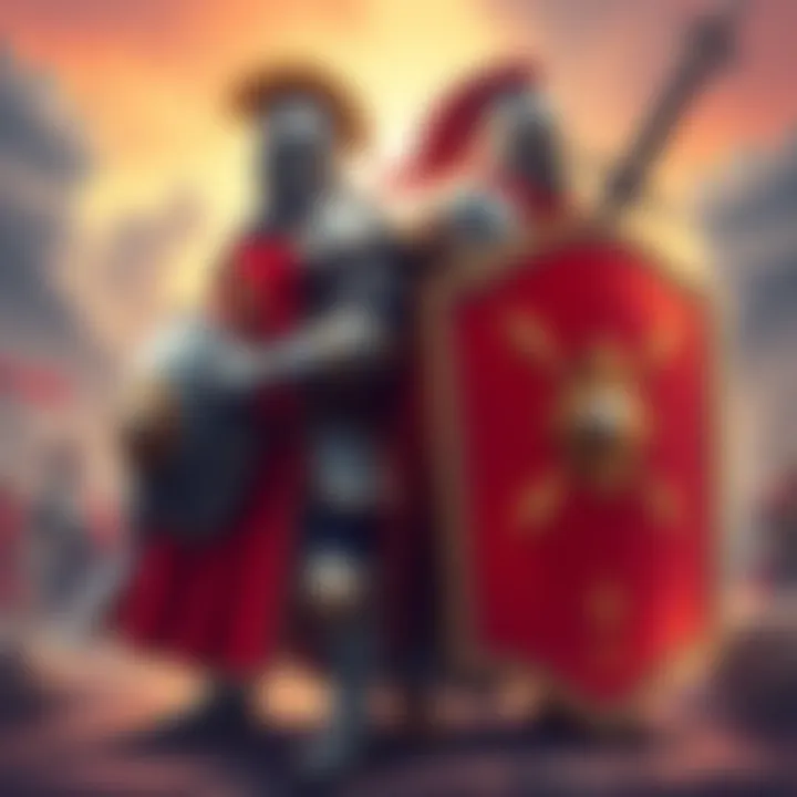 An illustration of a warrior holding 100 armour on one side and a warrior with 100 shield on the other, ready for battle.