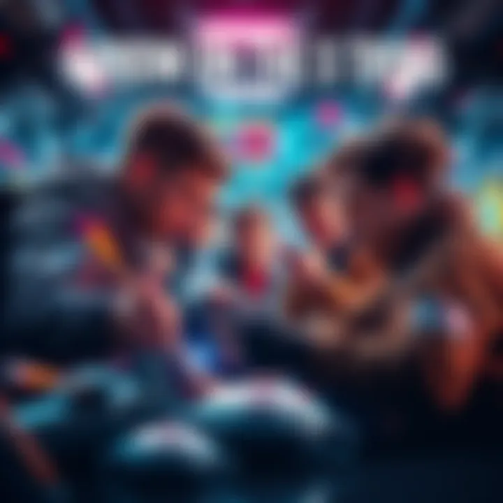 A group of people strategizing in a high-tech setting, focusing on arrows and targets, embodying teamwork and innovation.