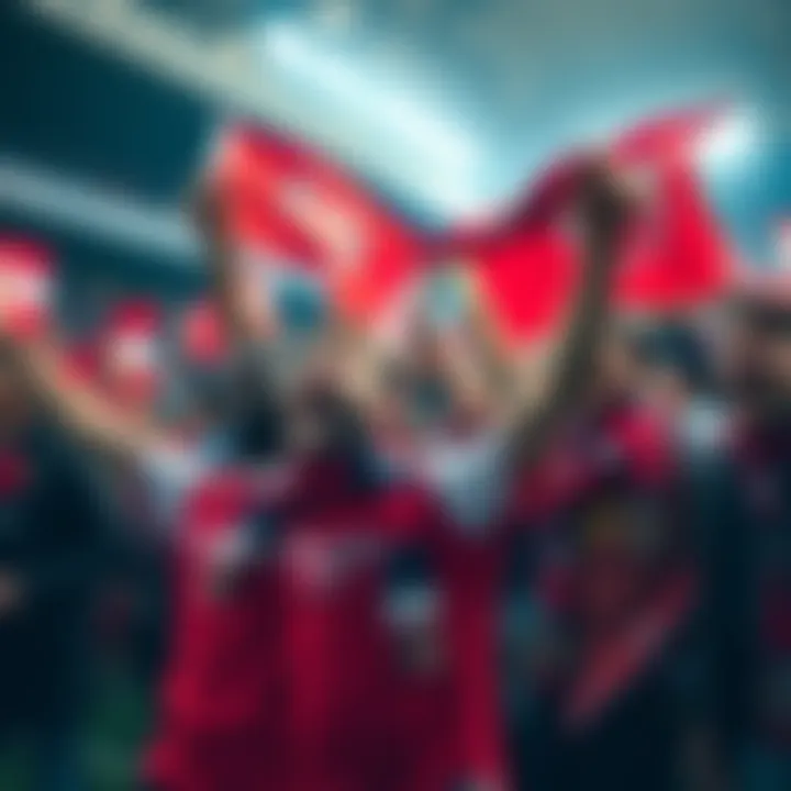 A group of enthusiastic Arsenal fans wearing team jerseys and scarves, cheering and waving flags at a stadium, embodying the spirit of support and community.