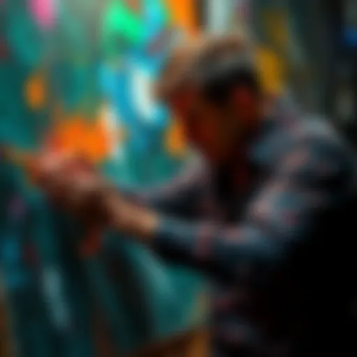 An artist passionately paints a vibrant canvas, expressing intense emotions and frustration towards a fictional character.