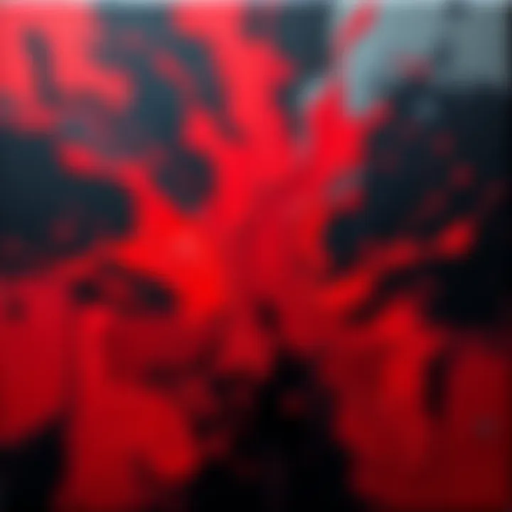 An abstract painting showcasing bursts of red and black, expressing intense emotions and passion.