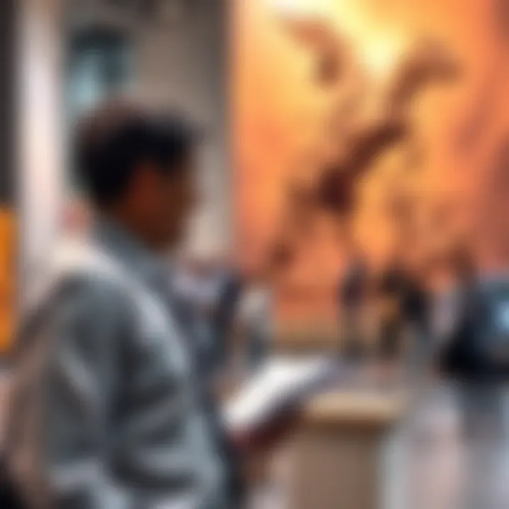 Art buyer discusses statue investment A passionate art buyer explaining their recent purchase of a large statue during a public event