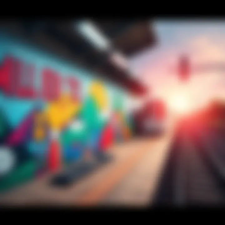 Art Installation at Railway Stop A colorful mural on a railway stop featuring local artists' work, creating a lively atmosphere for travelers.